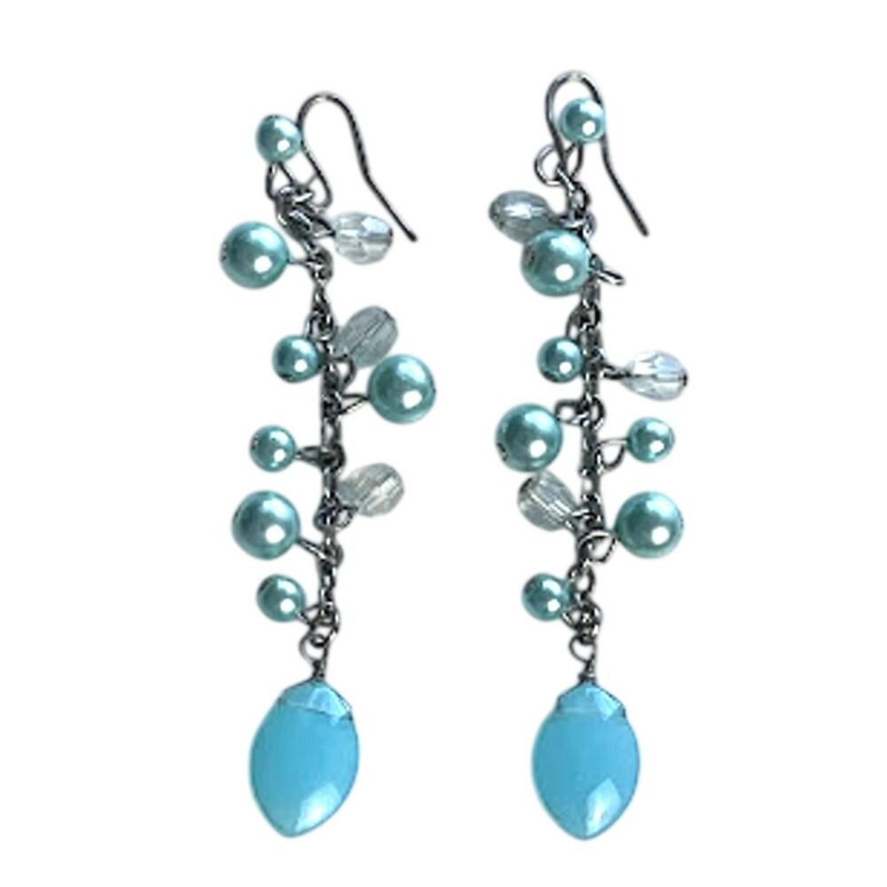 Ice‎ Blue Faux Pearl and Beaded Dangle Earrings Silver Tone Chain Hook Jewelry